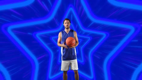 animation of caucasian male basketball player with ball over stars