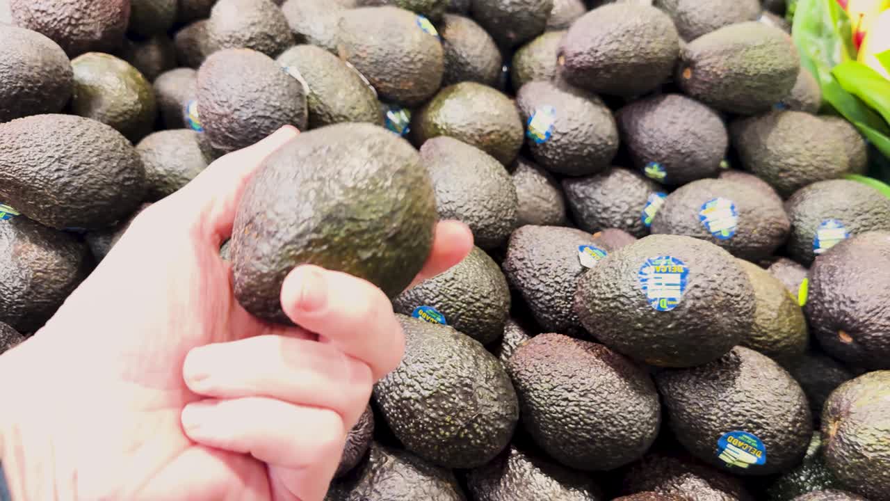 A person examines avocados in a well-lit grocery store. The video captures the selection process and the vibrant produce display