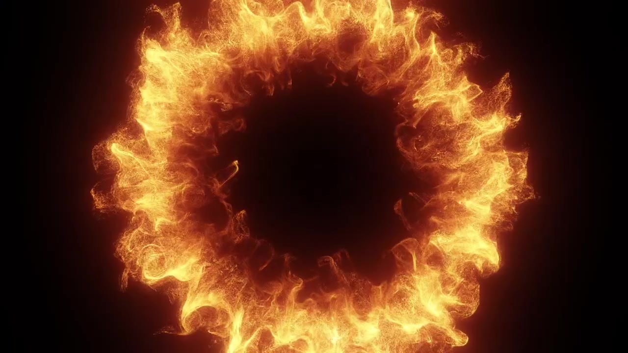 Expanding Ring of Fire and Glowing Particles on Black Background