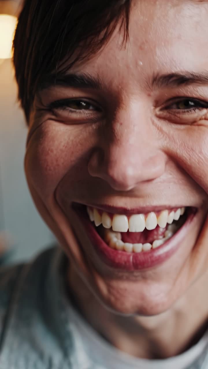 Close-up video still of a smiling person, capturing joy and authenticity