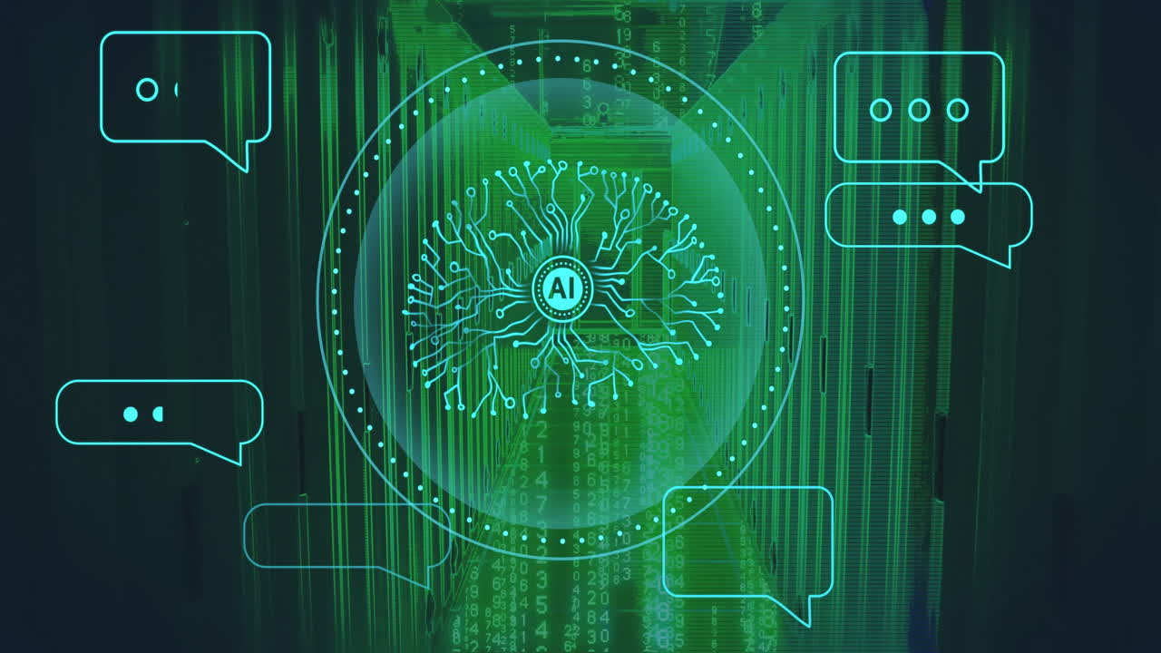 반이는 서버  위의 원형 ai 스캐너 네트워크 및 채팅  메시지 아이콘의 애니메이션