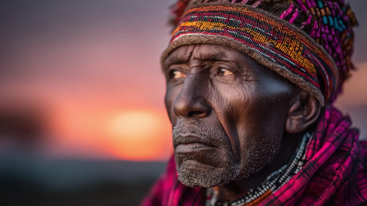A Thoughtful Elder Gazes into the Horizon, Reflecting Life's Wisdom Against a Beautiful Sunset Background, Signifying Experience and Resilience in Their Journey
