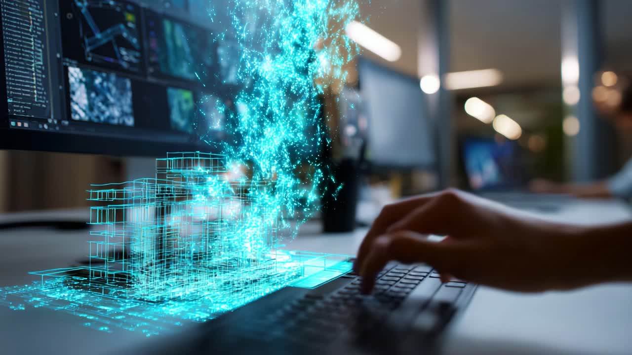 Exploring Innovative Technology in Digital Architecture: A Glimpse into the Future of Design Integration, With Visualizations Emerging from Screens in a Modern Workspace Environment