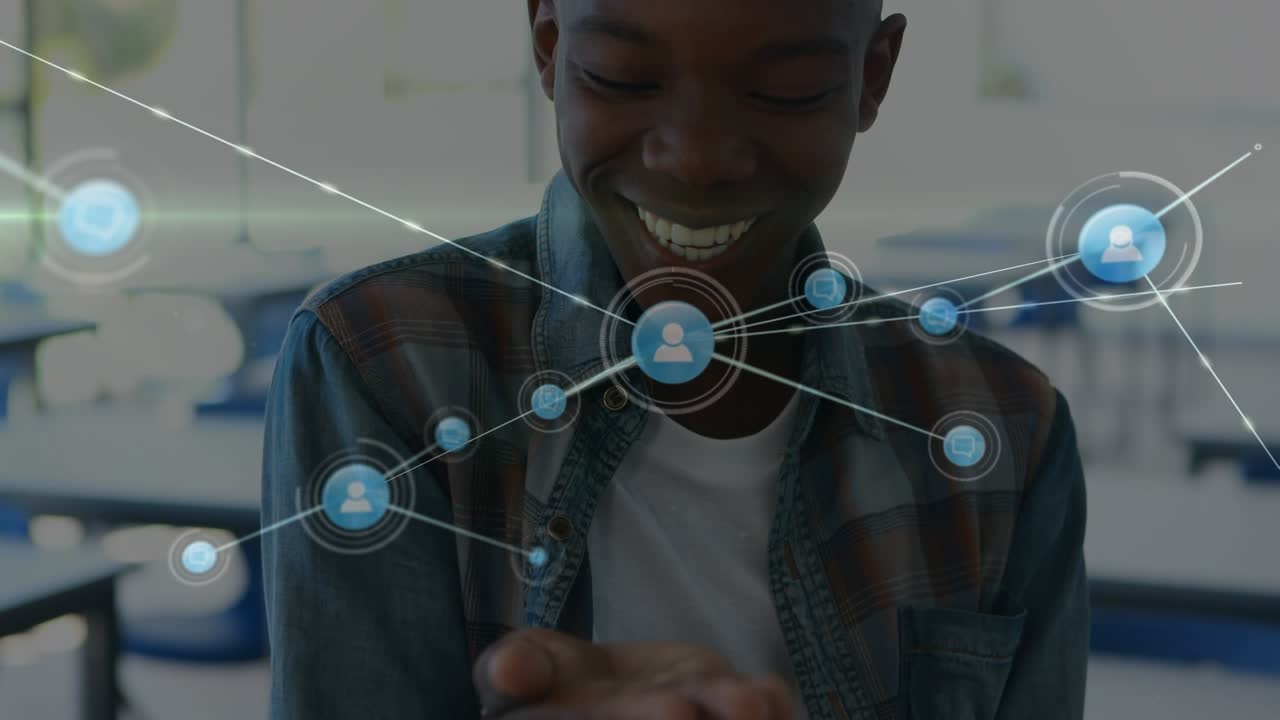 Animation of network of connections over happy african american boy with open hand