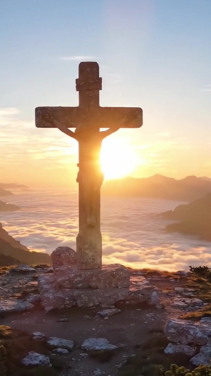 Maestosa Croce di Pietra che Domina un Paesaggio Sereno al Tramonto, Evidenziando la Bellezza della Natura e la Riflessione Spirituale in un Contesto Pittoresco