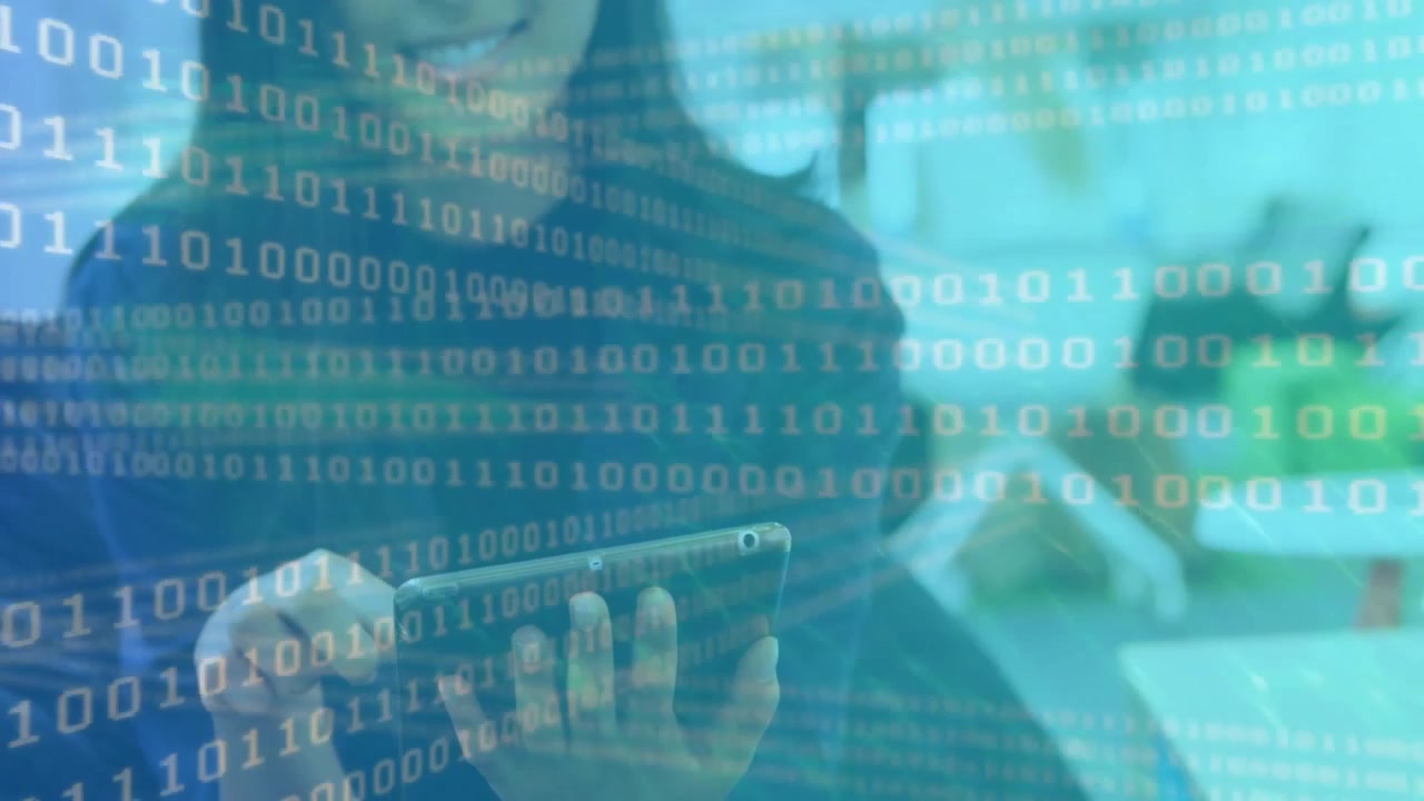 Woman tapping tablet initiating binary code overlay while guiding technology navigation in office