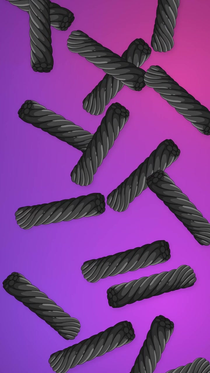 Black twisted licorice pieces fall continuously against a vibrant purple and pink gradient background.