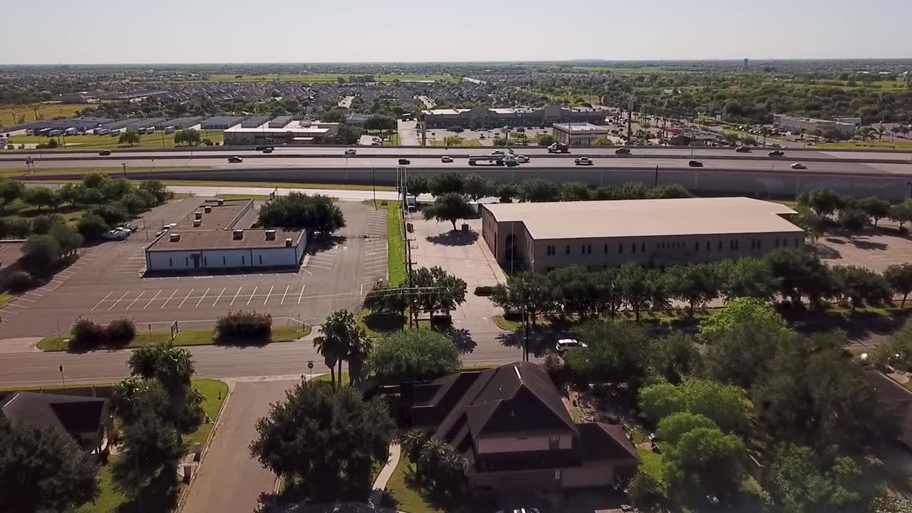 Panoramic view of the residential neighborhood of Edinburg, Texas with Interstate 69C and urban infrastructure
