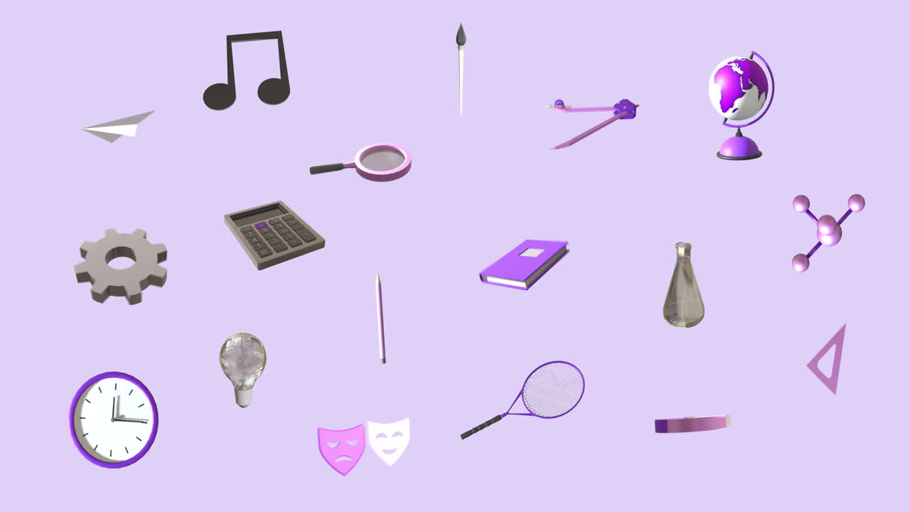 animación de iconos educativos sobre un fondo púrpura