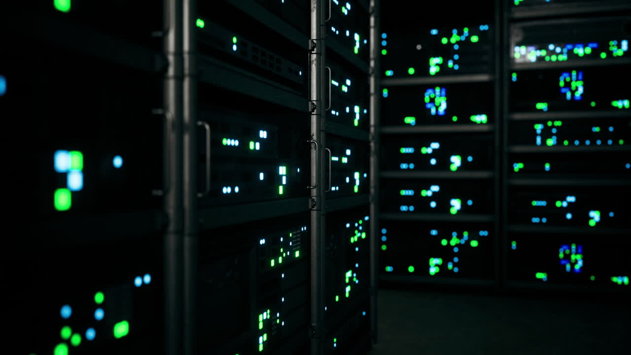 Digital data storage facility displaying server racks at night