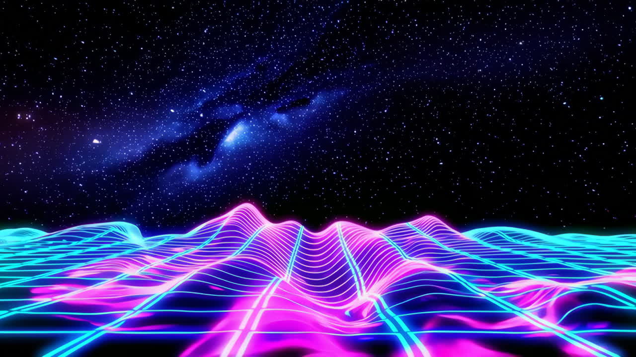 Neon Grid Mountains under a Starry Synthwave Sky