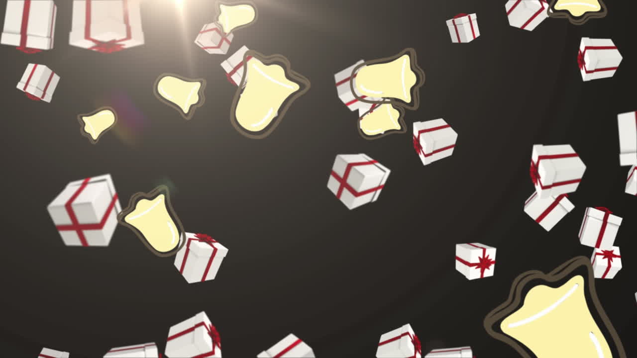 múltiples iconos de regalos de navidad y campanas cayendo contra el punto de luz sobre un fondo negro