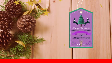 animación del texto de feliz navidad sobre cones de pino.