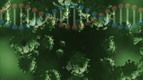 Animation-of-falling-cells-and-dna-strand-on-dark-background