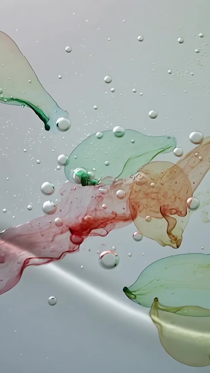 Video verticale: Goccia verde e nastro rosa che si scontrano mescolando una pellicola beige, creando bolle in studio.