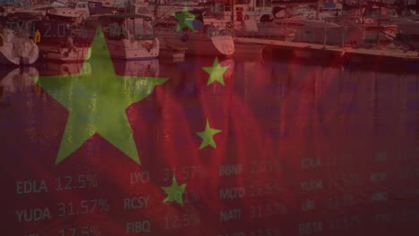 animación del procesamiento de datos financieros y bandera de china sobre el paisaje