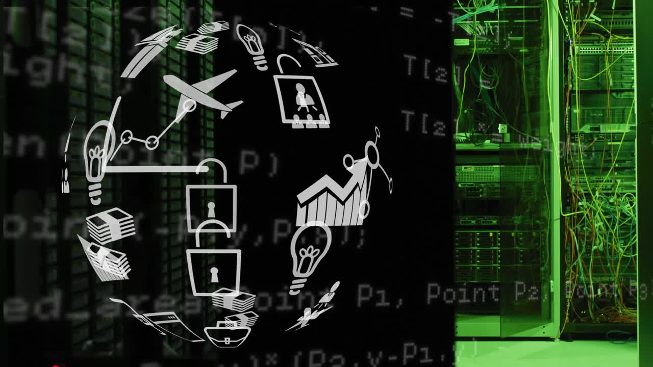 animación del globo y procesamiento de datos sobre luces verdes de servidores de computadoras
