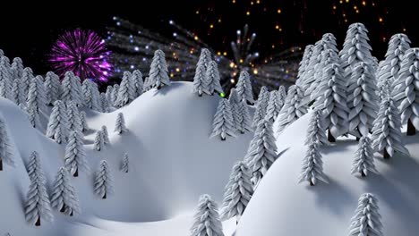 Animation-of-fireworks-and-snowflakes-falling-in-winter-scenery