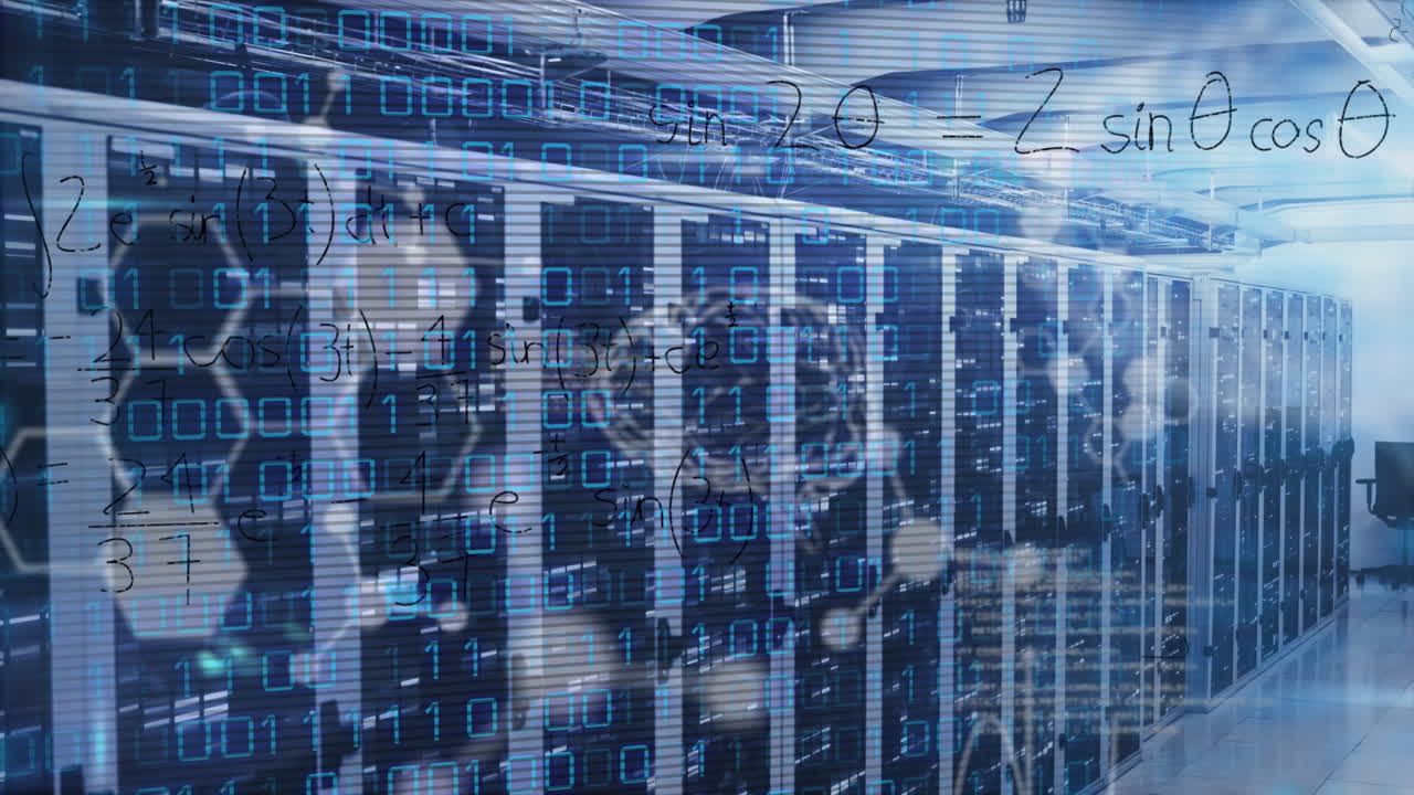 Animation of data processing with molecules, brain and mathematical equations over server room