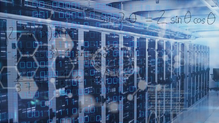 Animation of data processing with molecules, brain and mathematical equations over server room