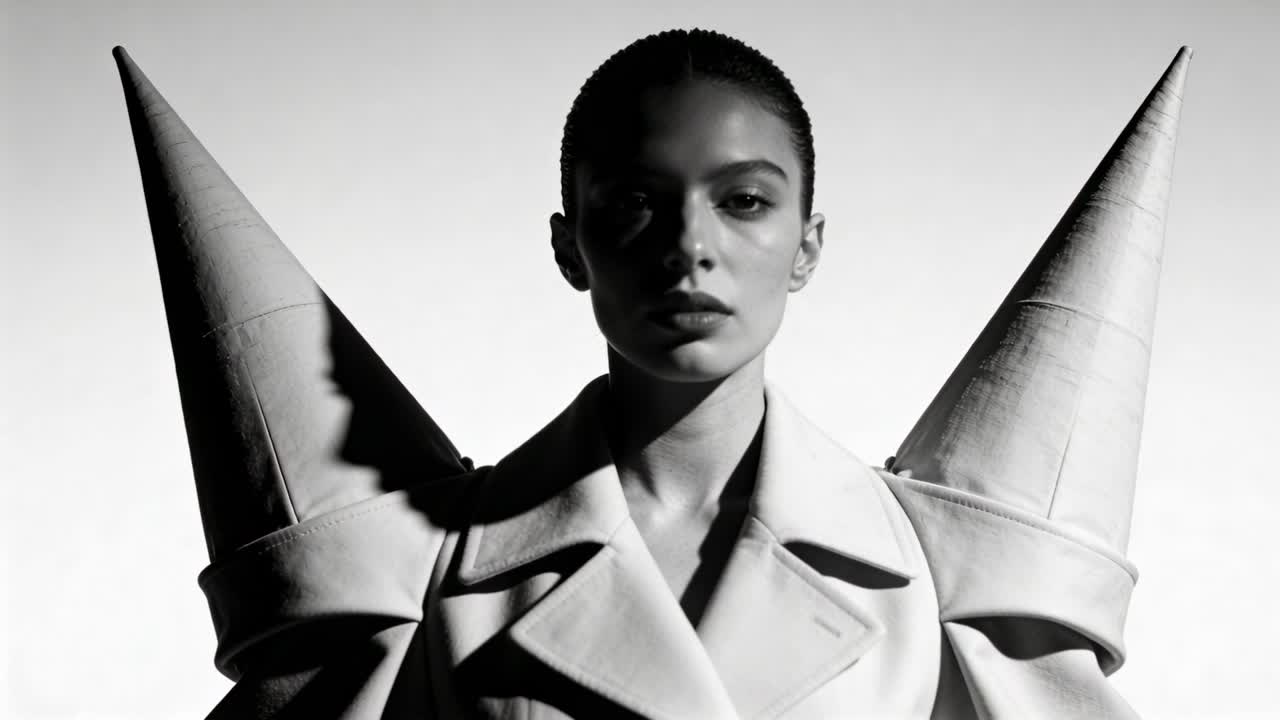In risposta a un segnale, modella che inclina il mento, spostando lo sguardo in studio per rivelare le ombre a cono del cappotto.