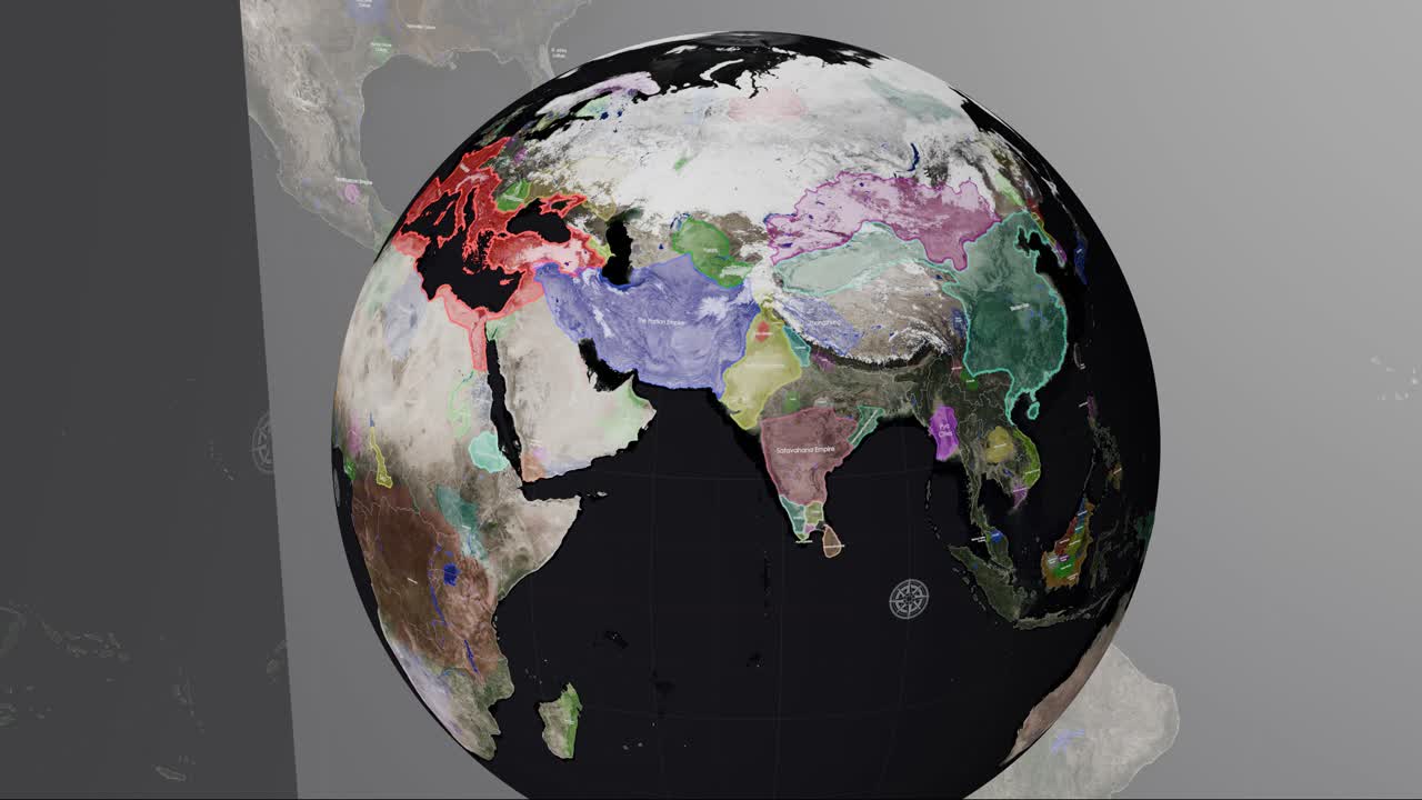 Digitaalinen karttavisualisointi, joka seuraa historiallisia rajoja globaaleissa imperiumeissa, kuten Kušana, Parthia ja Zapotec, pyörivällä 3D-maapallolla.
