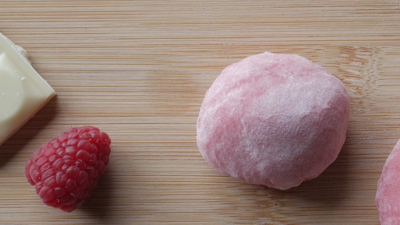 Mochi with white chocolate and fresh raspberry, placed on a wooden surface