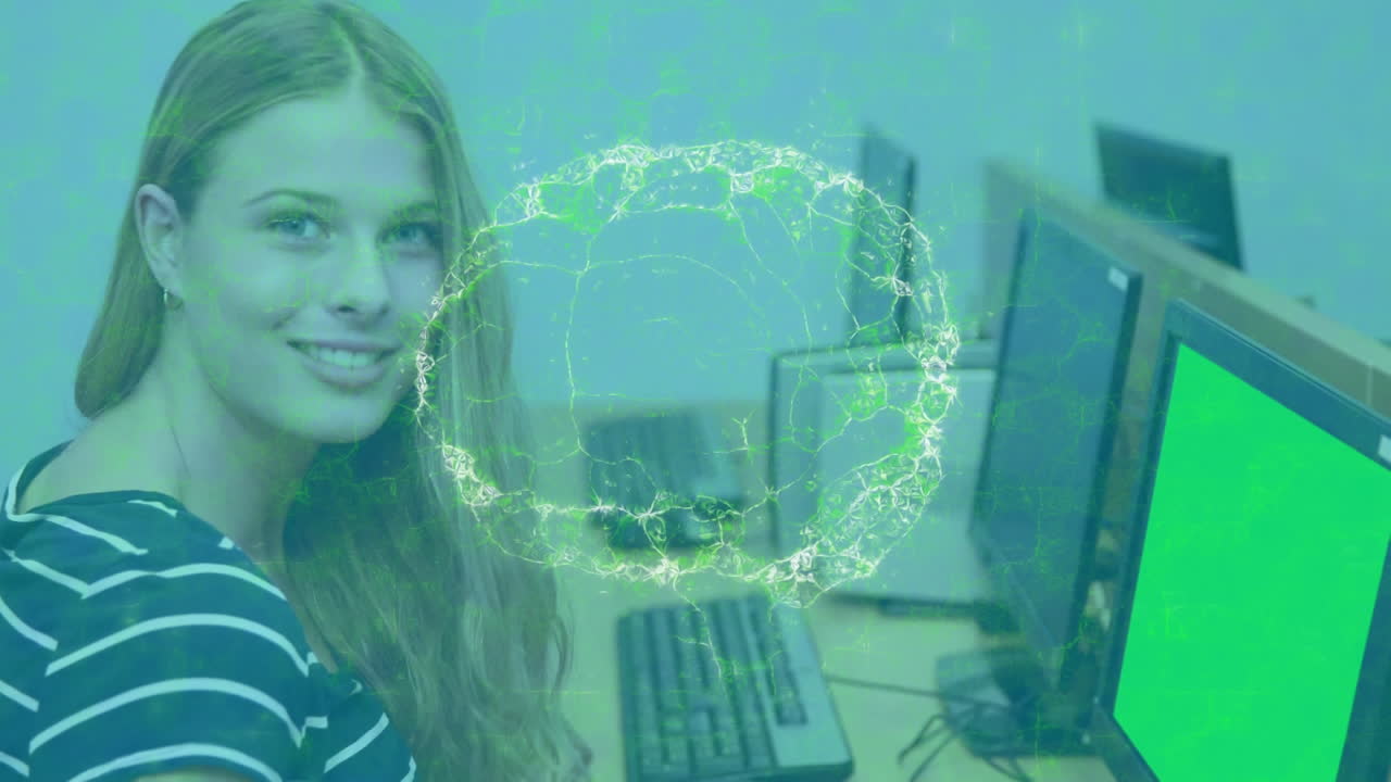 animación del cerebro humano y la cadena de adn sobre una estudiante usando una computadora