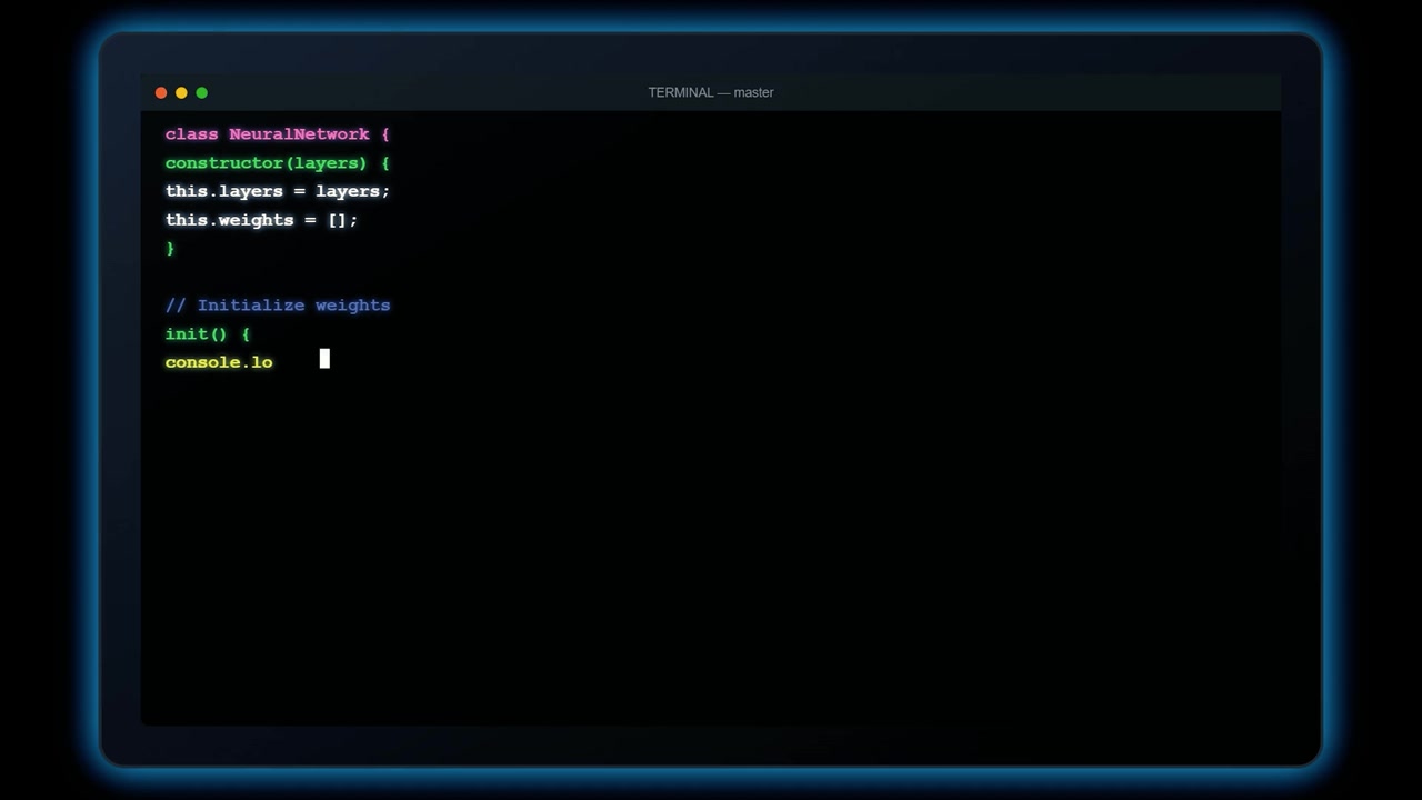Software Developer Writing Neural Network Code in Terminal