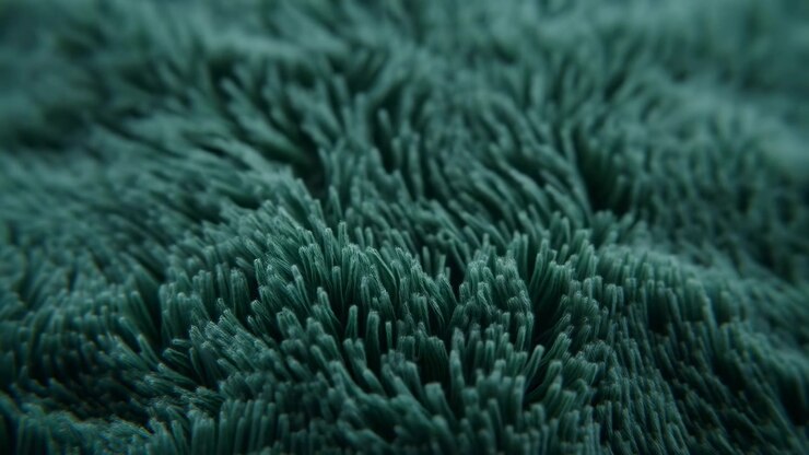 Densa pila di microfibra color verde acqua riempie la vista con fibre raggruppate e dritte, morbide creste, valli poco profonde e una delicata sfocatura progressiva che crea una texture ricca, profondità tattile e un motivo visivo astratto e calmo.