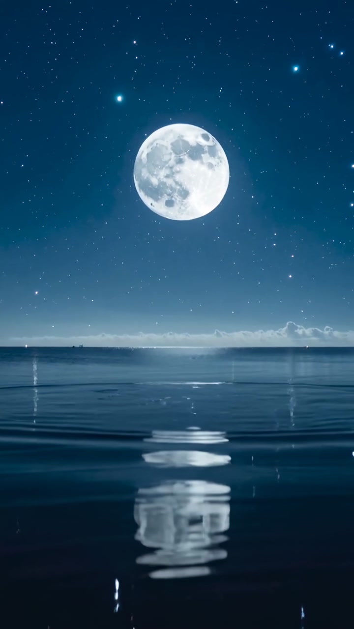Vertical video: Ripples traveling reshaping moon reflection over calm sea, stars and light streaks