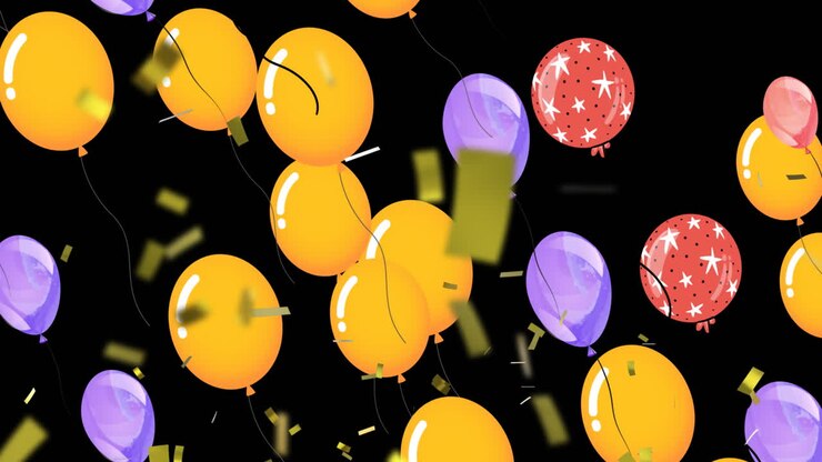 Animazione di palloncini colorati volanti e coriandoli che cadono su sfondo nero.