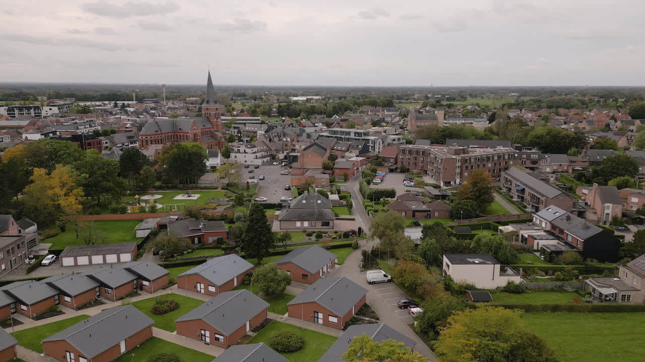 Small homes and downtown of Putte town in Belgium, aerial view