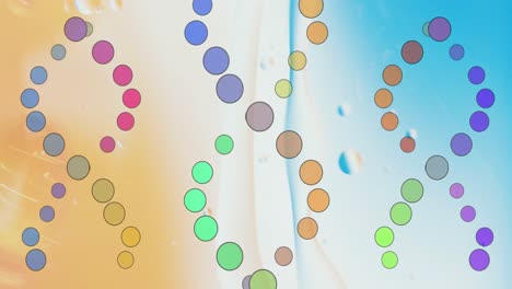 animación de cadenas de adn sobre burbujas en un fondo colorido.