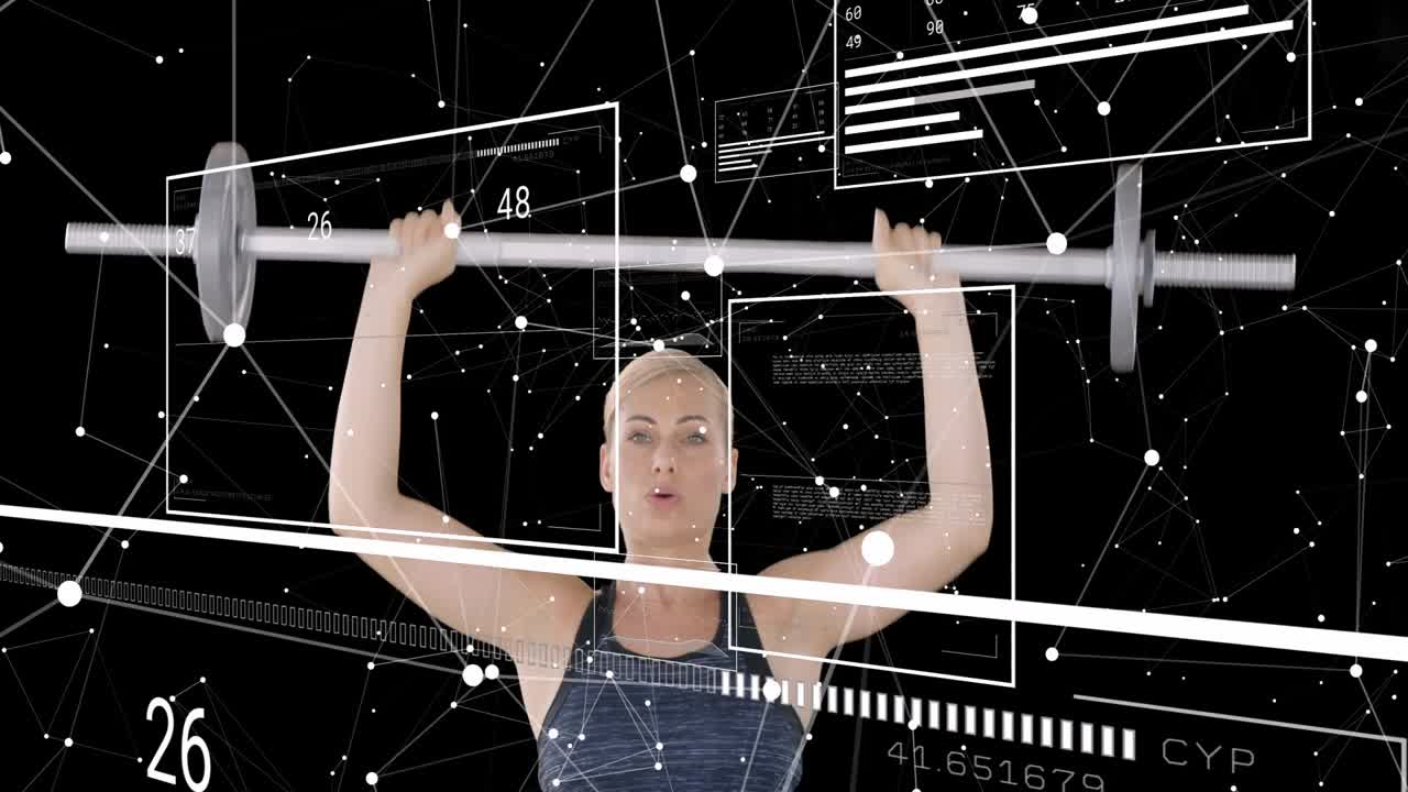 Female athlete tightening grip and pressing barbell overhead HUD panels tracking fitness metrics