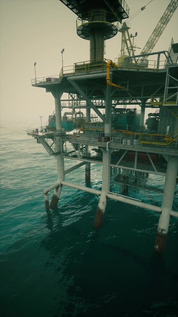 Exploration and extraction at an offshore oil rig under cloudy skies