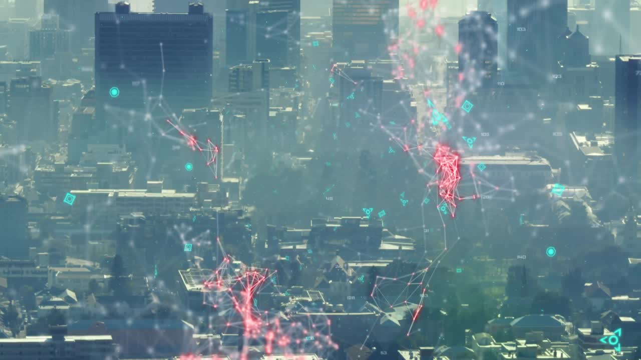 도시의 현대 마천루 위에 그래픽 인터페이스 루프와 함께 디지털 qr 코드의 애니메이션