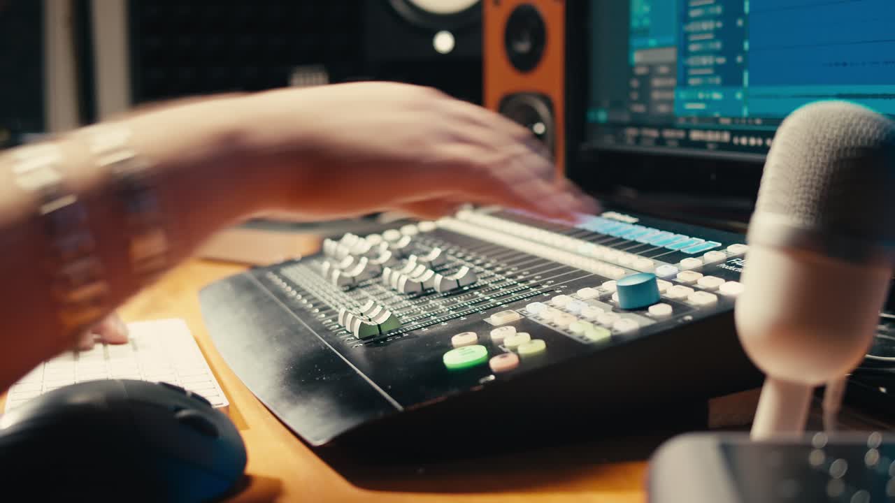 스튜디오에서 음악을 만드는 사운드 엔지니어, 라디오 방송 스튜디오에서 일하는 아시아 인기 dj 또는 녹음 스튜디오, 리허설, 오디오 프로덕션에서 일하는 음악 프로듀서.