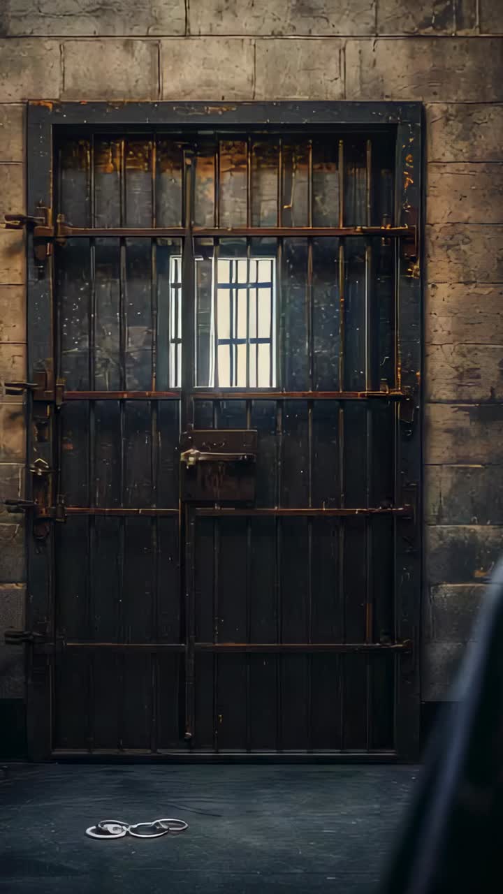 Vertical video: Shifting camera revealing rusted cell door in worn block wall, exposing metal cuffs
