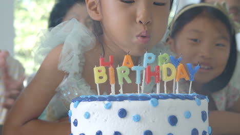 slow motion shot as girl blows out candles on birthday cake