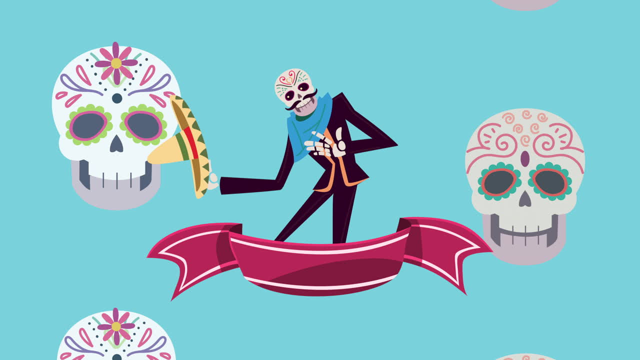 Illustrazione del Giorno dei Morti con Calaveras e Scheletro Mariachi