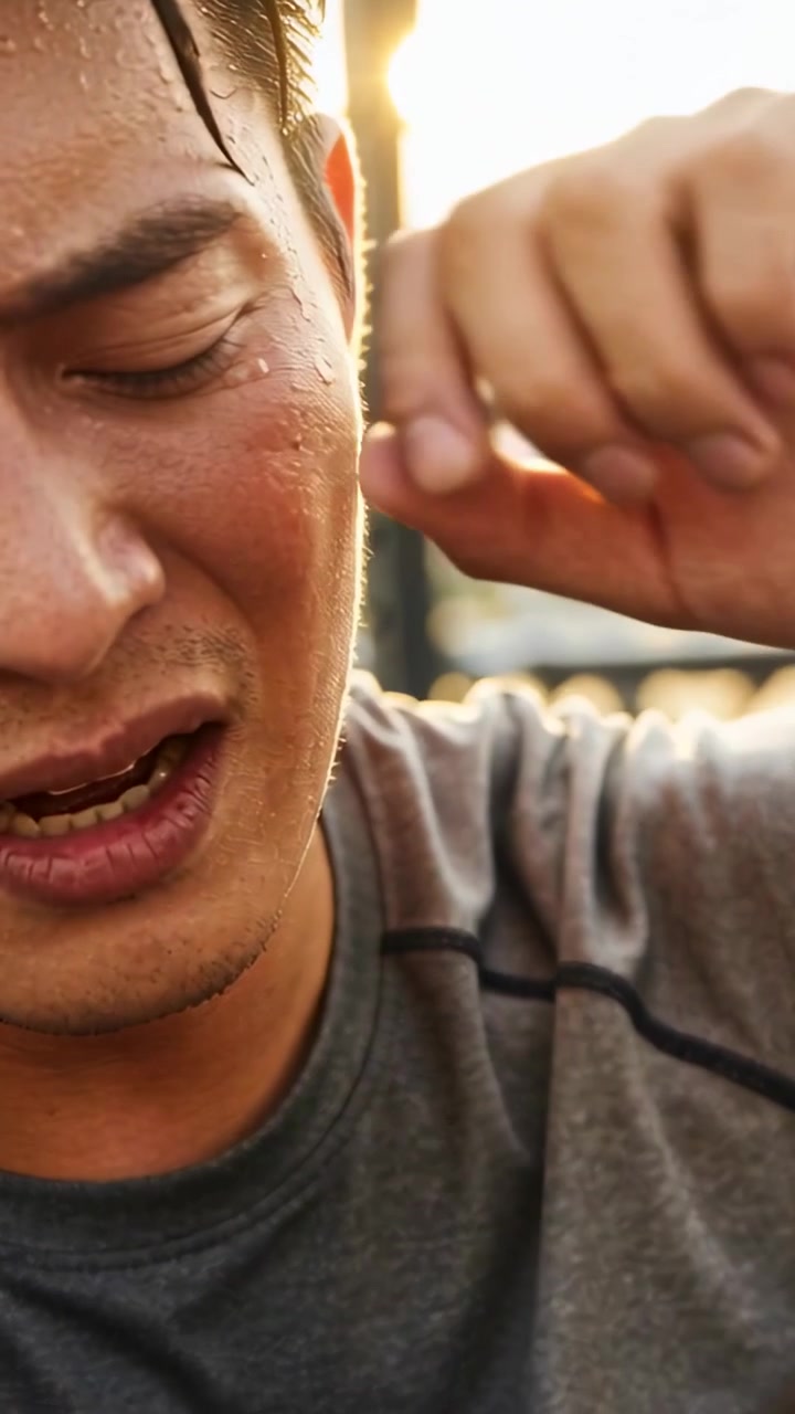 Vertical video: Shielding man in grey tee raising hand from sun, wiping sweat, breathing at track