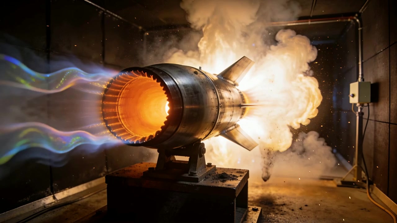 Igniting rocket engine burning on mount in test cell, emitting exhaust plume for testing