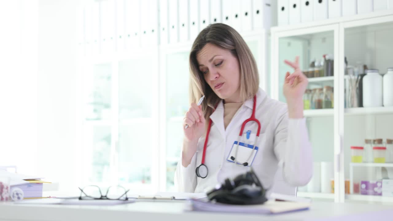 Female Doctor Working and Gesturing in a Medical Office