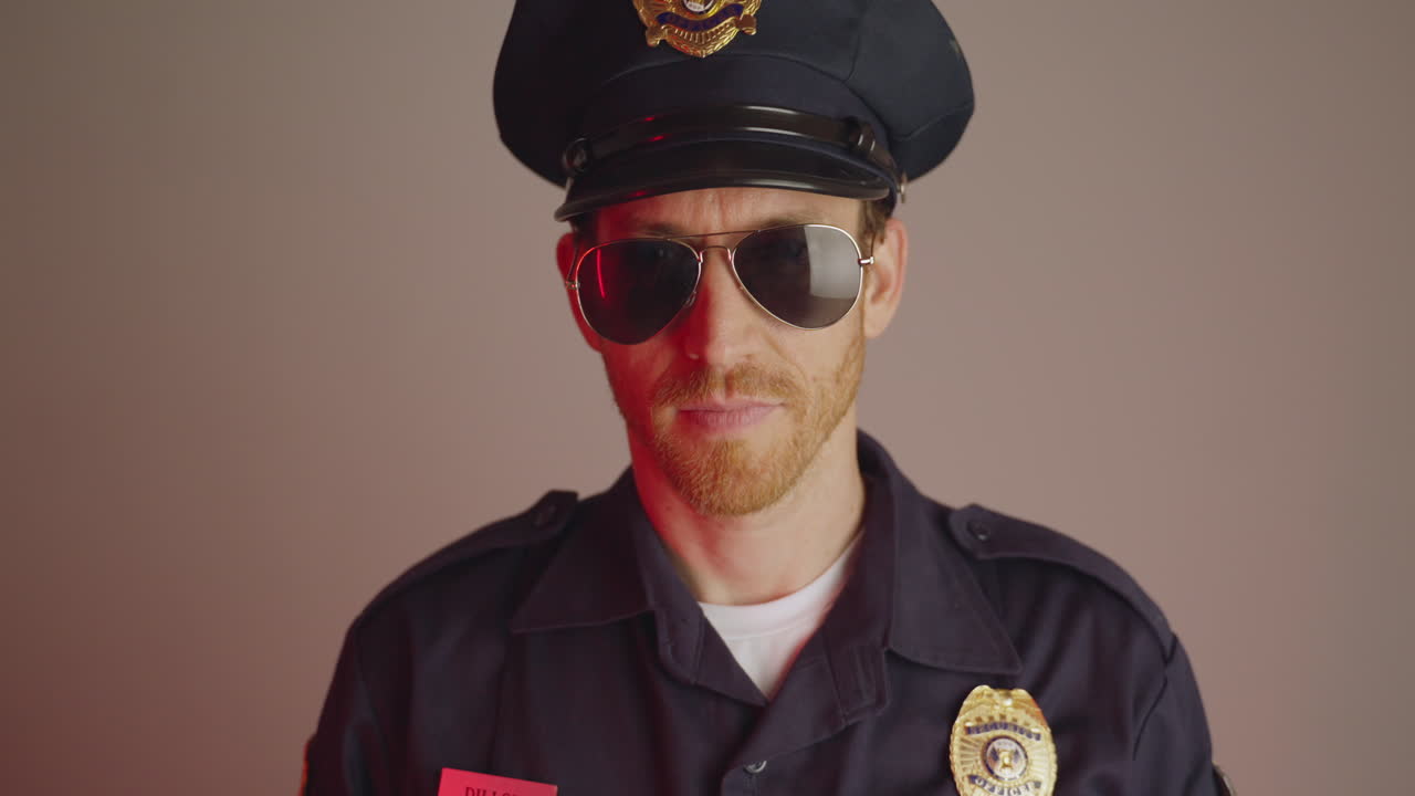Police officer or cop making a shape of a heart with his hands. Showing hand gesture to camera. Romantic or love. Caring and loving. Funny policeman in uniform and sunglasses puts hands together