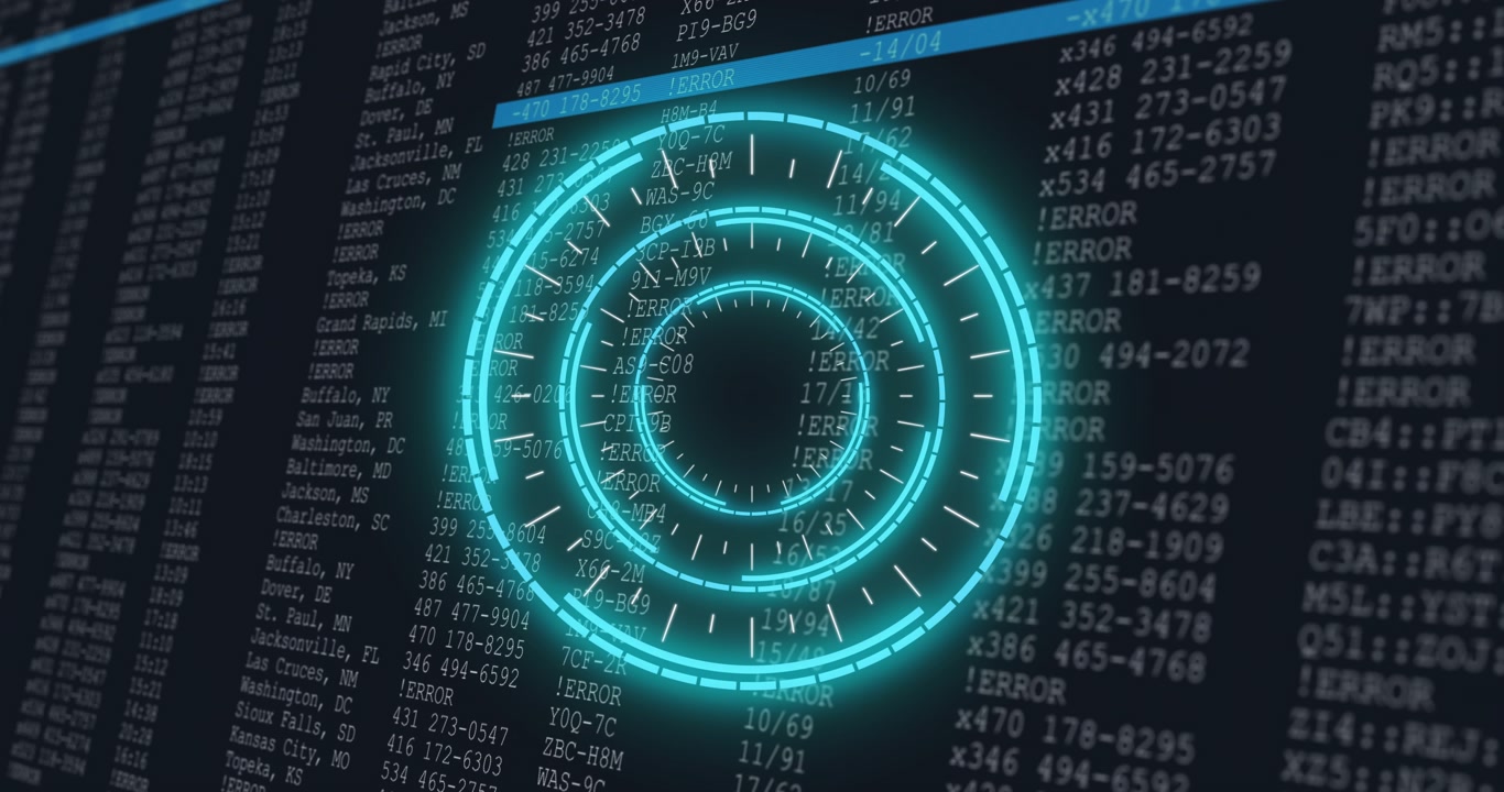 On fade in, concentric cyan rings rotating while scan line descending highlighting errors