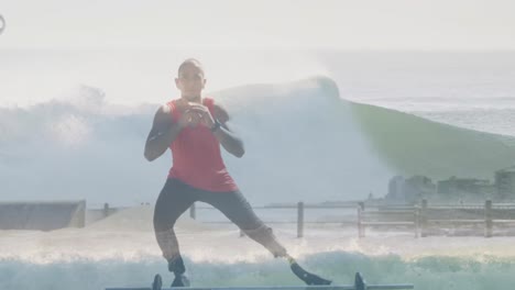 animación de paisaje marino sobre hombre afroamericano discapacitado con piernas artificiales que se estiran