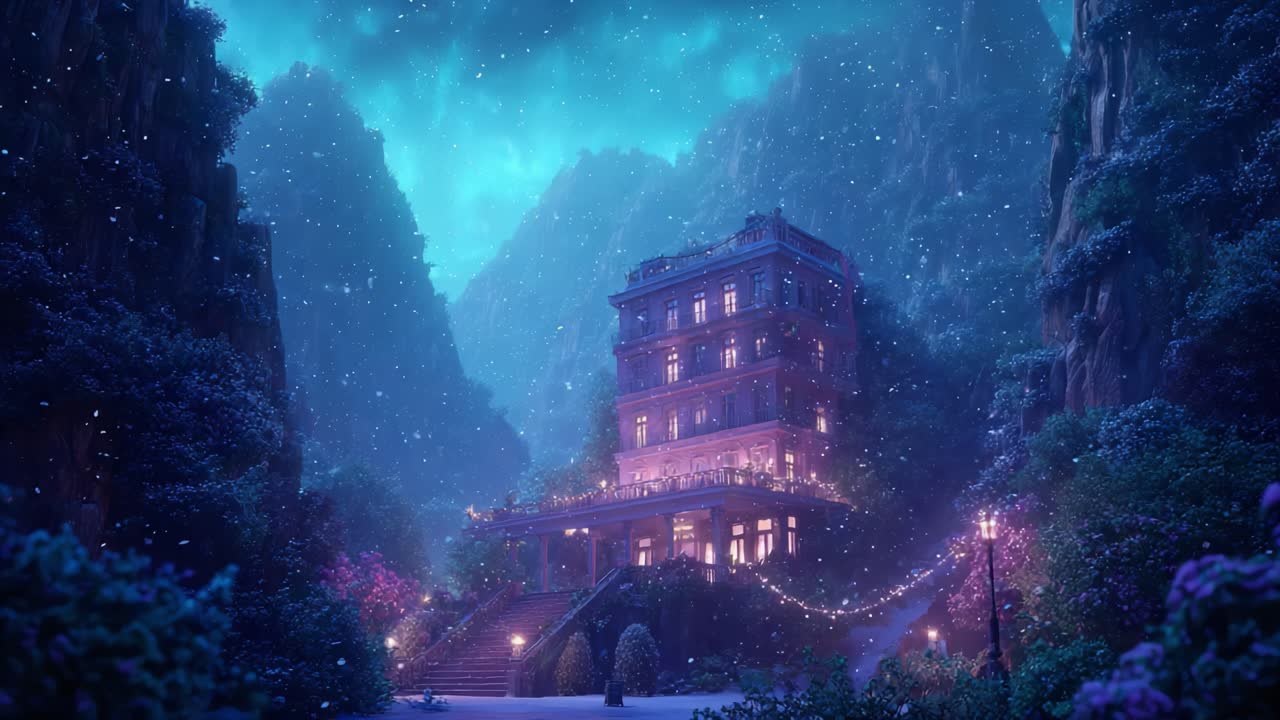 Enchanting Winter Wonderland: A Mystical House in a Snow-Covered Mountain Landscape Under a Starry Sky