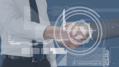 animación del procesamiento de datos financieros sobre hombres de negocios caucásicos que se dan la mano