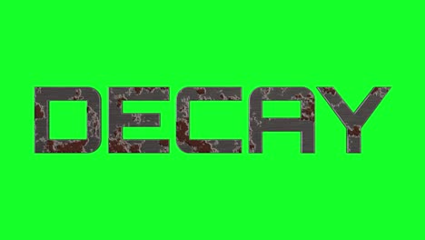 “decay” text animation of 3d embossed text, with no background for easy use, showing the metal letters gradually becoming corroded and rusty